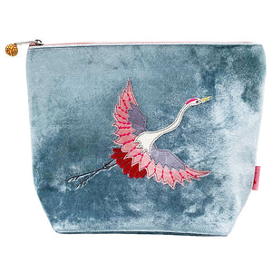 Large Velvet Cosmetic Purse with Flying Crane Applique: Dove Grey