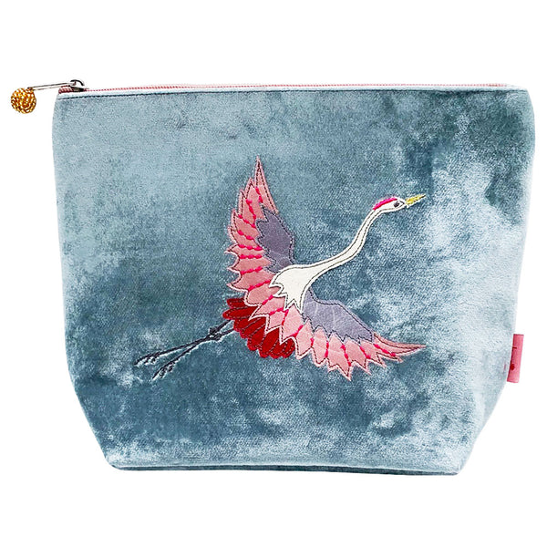 Large Velvet Cosmetic Purse with Flying Crane Applique: Dove Grey
