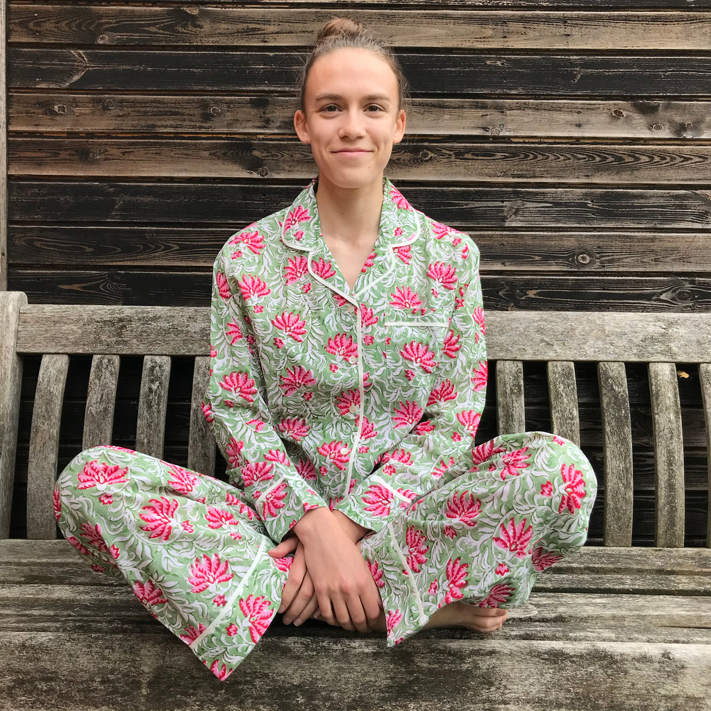 Jaipur Green & Pink Cotton Pyjamas – Lime Tree Design