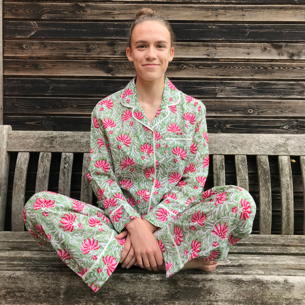 floral pink and green cotton pyjamas 