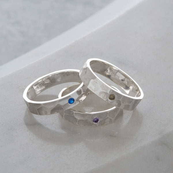 Hammered Birthstone Stacking Ring Sterling Silver