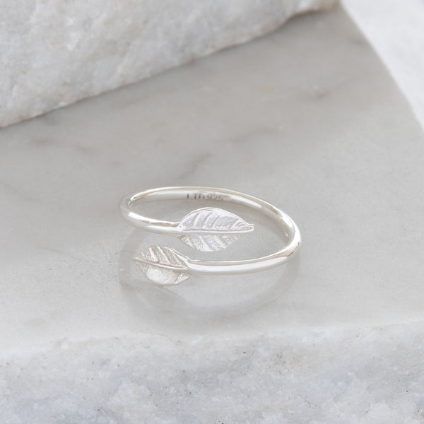 Adjustable Double Leaf Charm Ring Sterling Silver