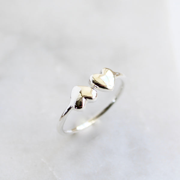 Adjustable Double Heart Charm Ring Sterling Silver