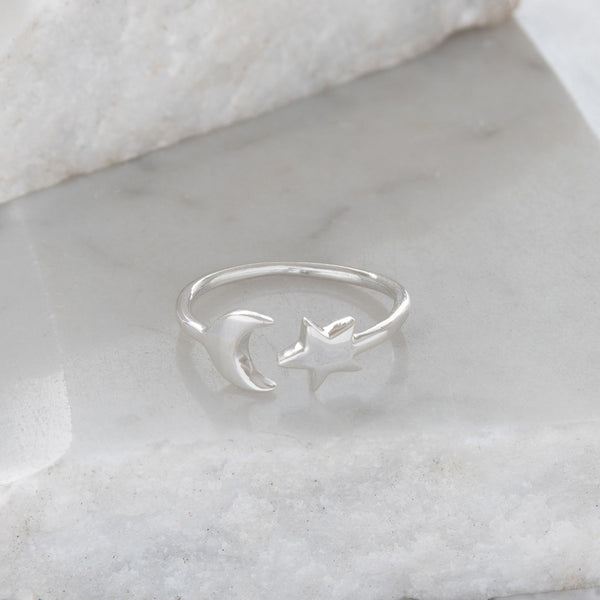 adustable moon and stars ring in sterling silver 
