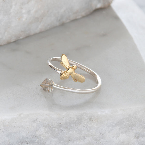 Adjustable Bee and Leaf Charm Ring Sterling Silver and Gold Vermeil