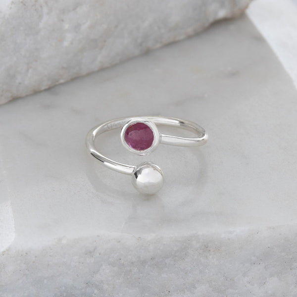 Adjustable Birthstone Ring July: Sterling Silver and Ruby