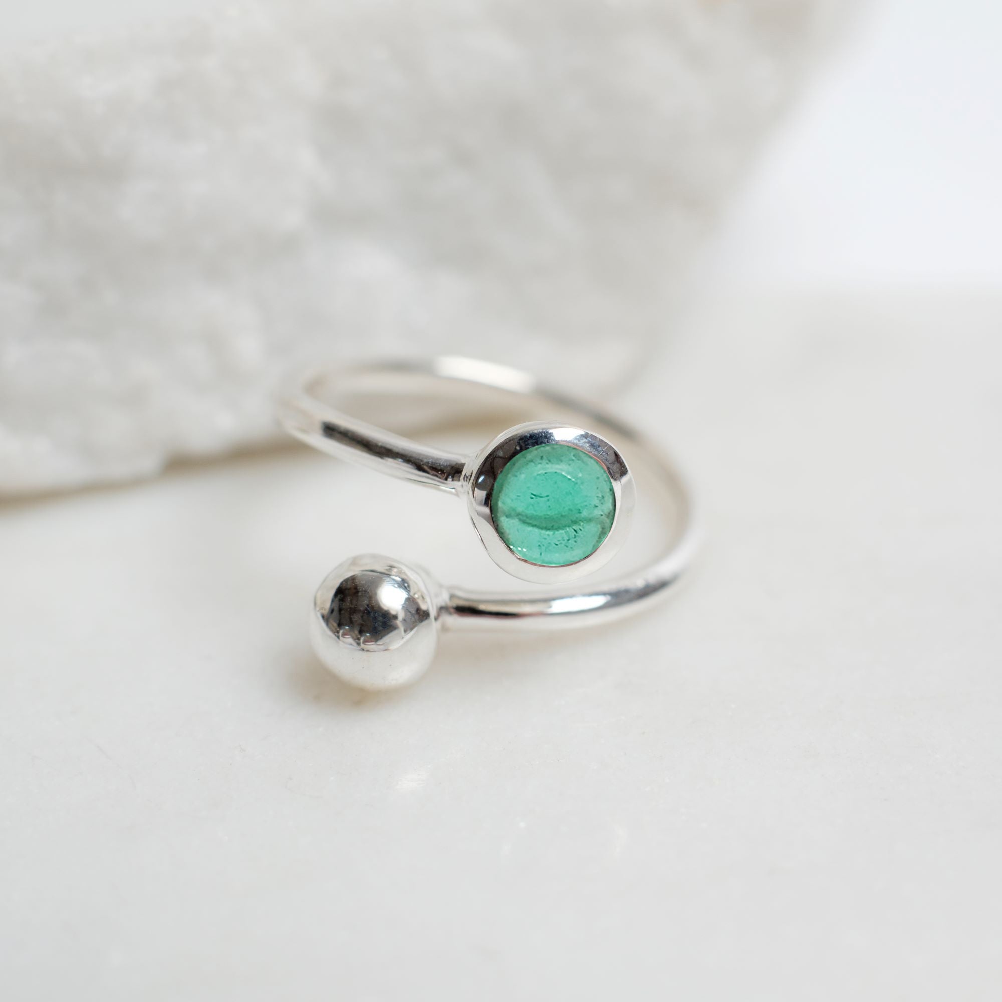 Adjustable Birthstone Ring May: Sterling Silver and Emerald
