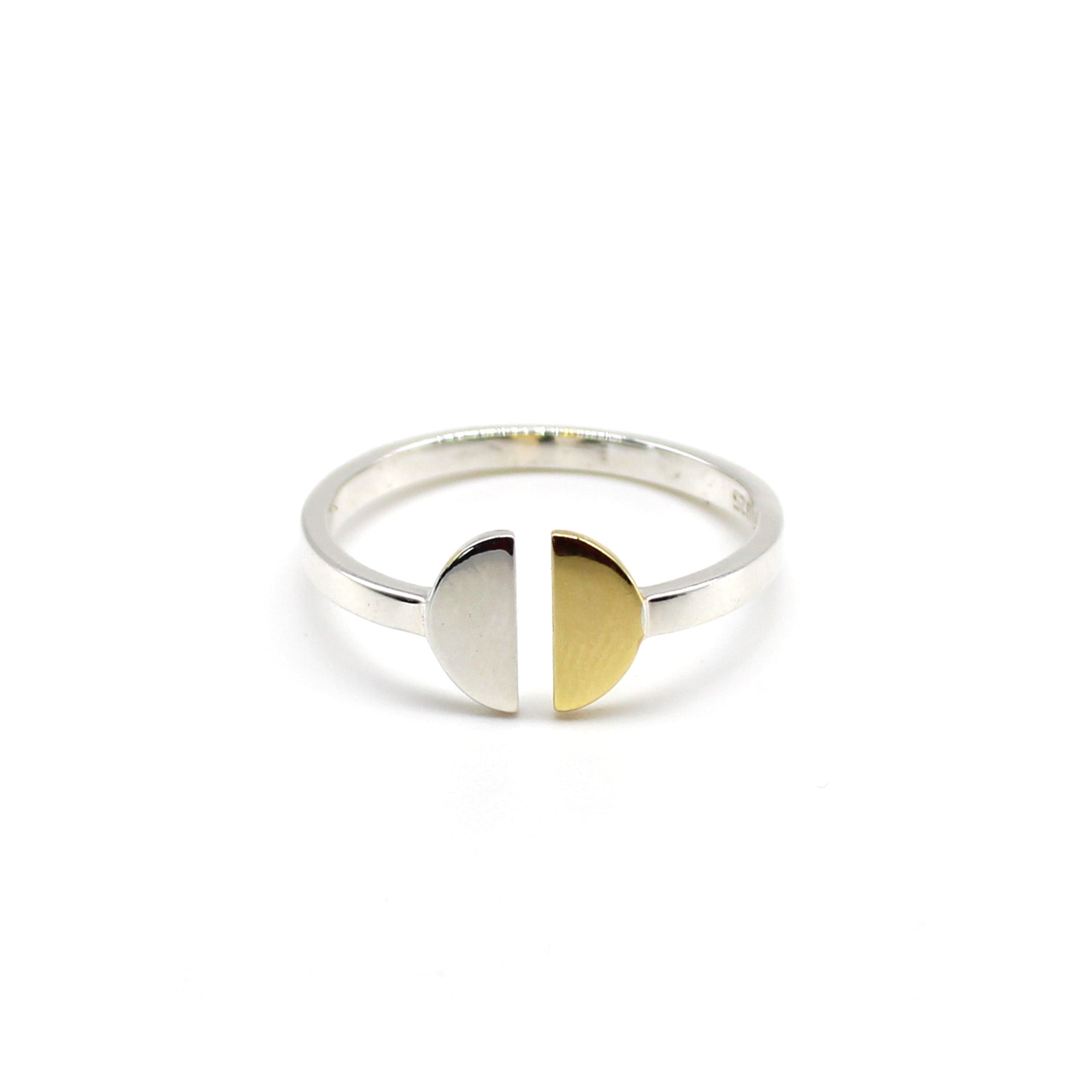 half silver and gold moon shaped adjustable ring 