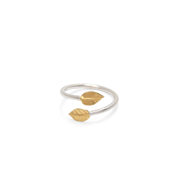 Adjustable Double Leaf Charm Ring Sterling Silver and Gold Vermeil