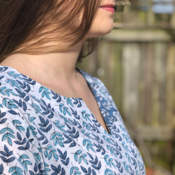 blue and turquiose leaf design summer tunic top 