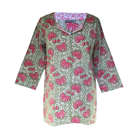 Block Printed Tunic Green/Pink Floral