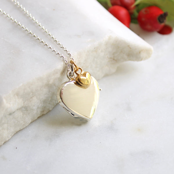 Silver Heart Locket with gold vermeil Heart Charm Necklace