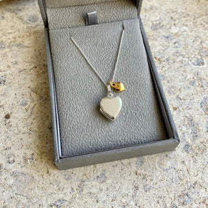 Silver Heart Locket with gold vermeil Heart Charm Necklace