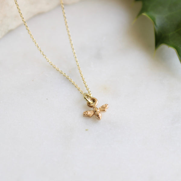 Mini Bee Charm Necklace 14ct Solid Gold